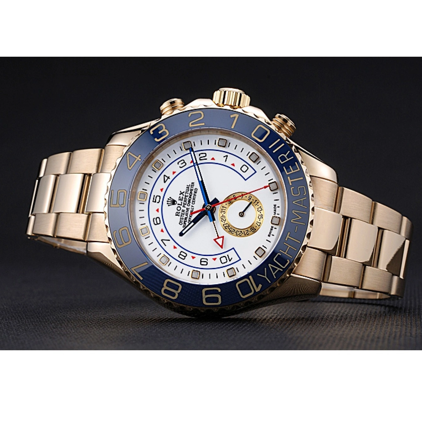 Aaa replica watch Rolex Yachtmaster Bracelet White Bezel II 622271 Blue Gold Dial 0825